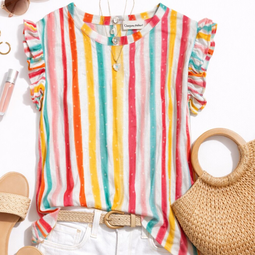 💚 Cloth & Parfait Colorful Stripe Ruffle Sleeve | Size M | Boho Summer Blouse